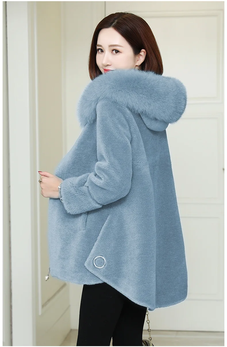 

2024Hot Sale Sheep Fleece Coat for Women Winter Jacket Female Grain Wool Fox Fur Collar Warm Coats Women's Lamb Fur Clothes New