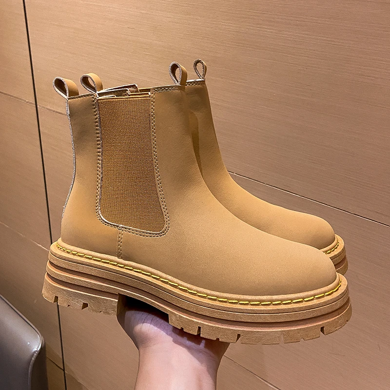 2023 Autumn Classic Pu Leather Ankle Boots Thick Bottom Women's Round Toe Ankle Boots Shoes Handmade Thick Heel Chelsea Boots