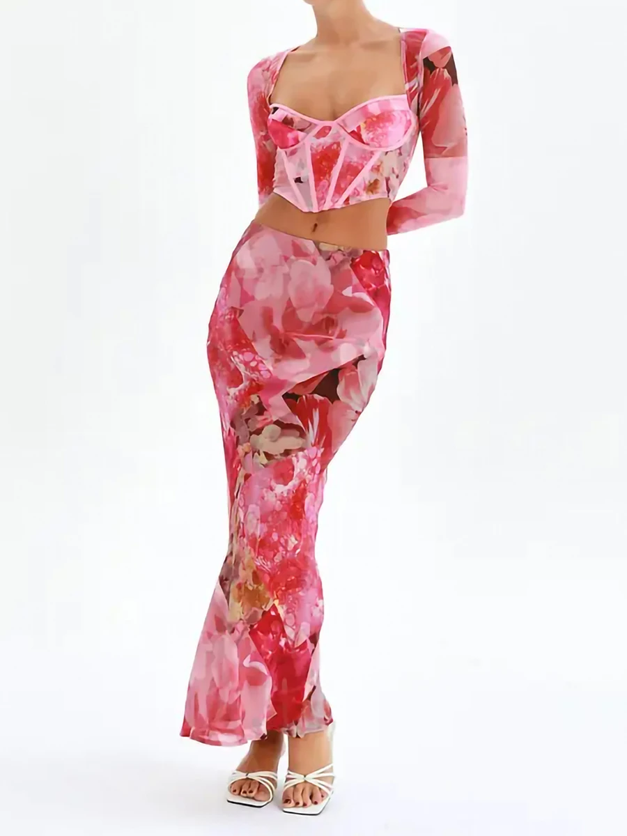 

New Fashion Womens Summer Bodycon Long Skirt Casual Mid Waist Floral Print Midi Skirt Stretchy Beach Skirt Club Street Style