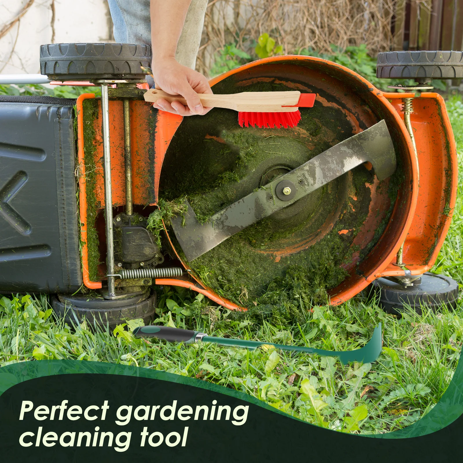 Mower Deck Scraper Deck Cleaner Tool Stiff Bristle Brush Lawn Mower Longhandle Maintenance Scraper Cleaning Tool for Garden