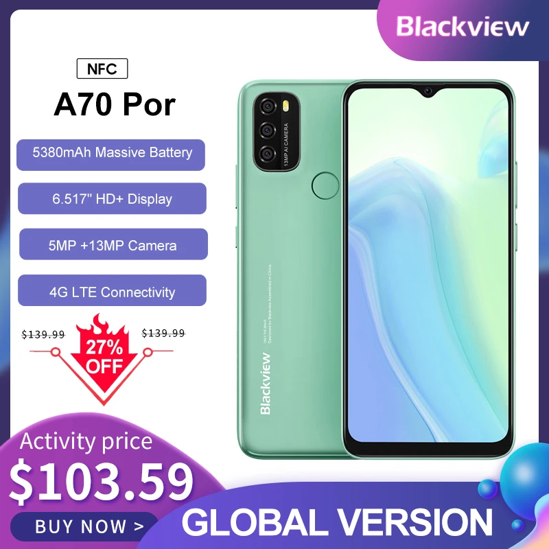 BLACKVIEW A70 Pro Android 11 Smartphone 6.517 Inch Display Quad Core 4GB RAM+32GB ROM 5380mAh 13MP + 5MP Camera 4G Mobile Phone kingston 8gb ram