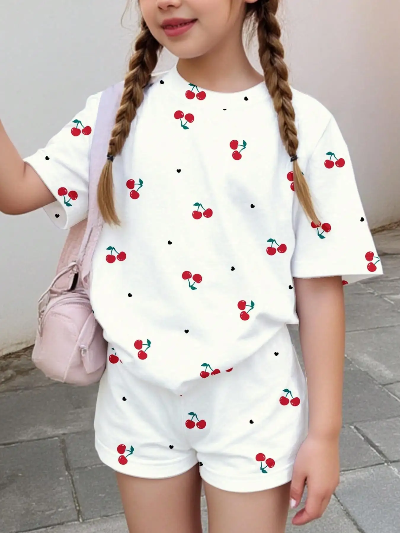 Mädchen-Set mit Kirschmuster, weißes Kurzarm-Oberteil mit Kirschmuster + Shorts, zweiteiliges Set, frisch und modisch, geeignet für Kinder im Alter von 4–12 Jahren, sommerliche Freizeitkleidung für Zuhause und Ausflüge