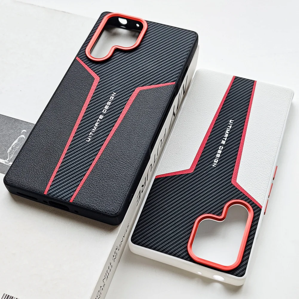 Enhanced Red Spliced Carbon Fiber Leather Phone Case with Camera Protection