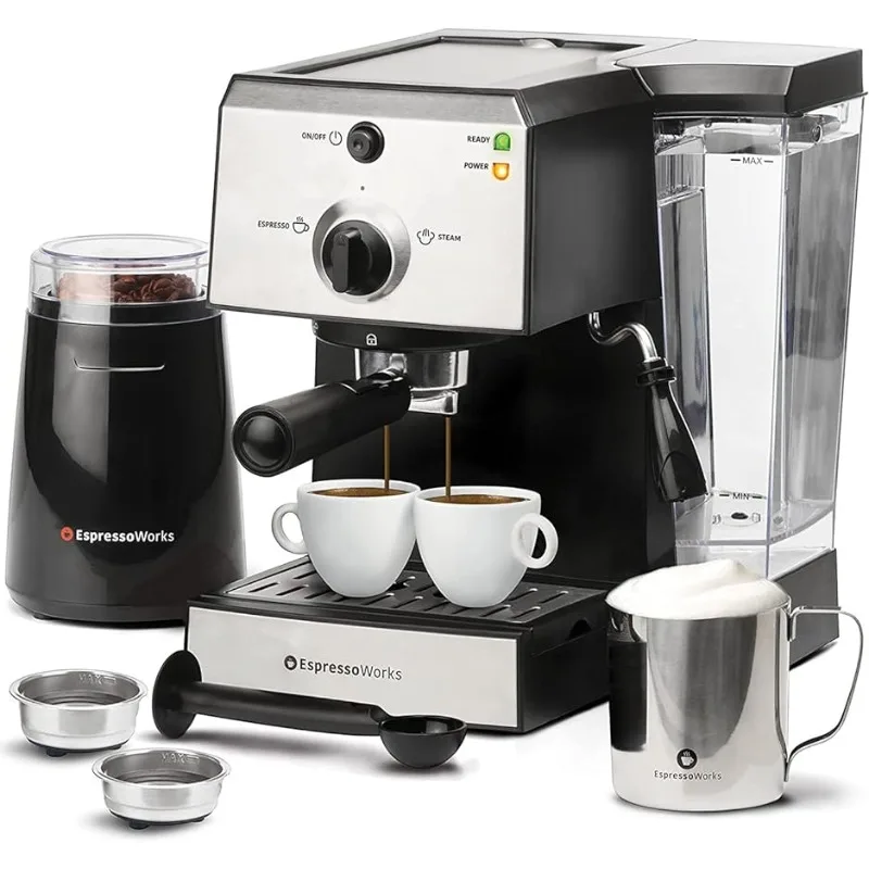 

All-In-One Espresso Machine with Milk Frother 7-Piece Set - Latte Maker Includes Grinder, Frothing Pitcher,Cups,Spoon and Tamper