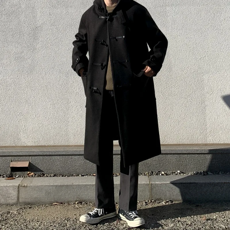 Japanese Tweed Coat, Men's Mid-length Coat, Hooded Lapel Jacket, Hipster Men's Horn Buttoned Tweed Trench Coat