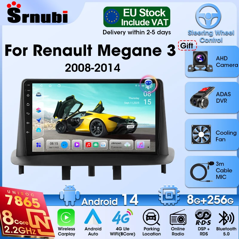Srnubi 9" Android 14 Autoradio für Renault Megane 3 Fluence 2008-2014 Multimedia-Videoplayer 2Din Carplay Stereo mit Rückfahrkamera