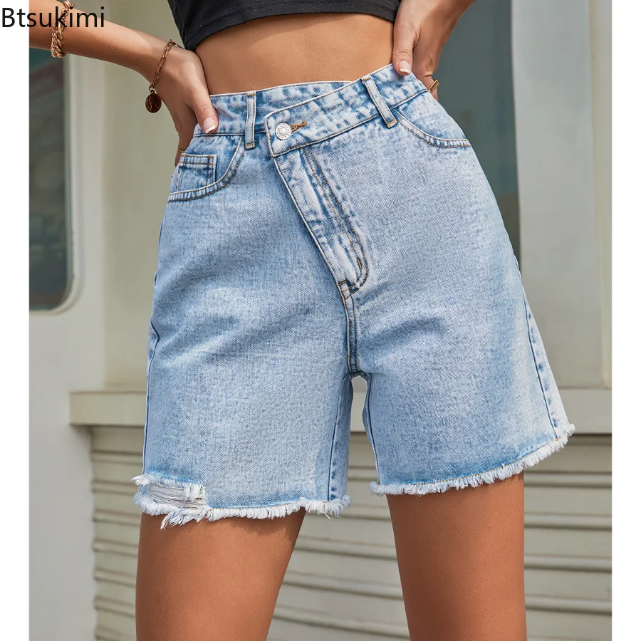 Шорты женские джинсовые с завышенной талией, повседневные свободные штаны из денима с разрезами, весна-лето