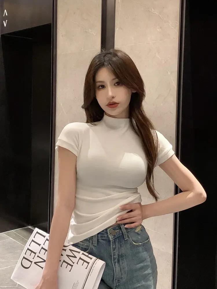 WTEMPO Női Rövid ujjú póló Fél garbó Nyári Trend All-match Top Sexy Slim T-shirt Egyszínű Y2k Top 2023469_voghion.com