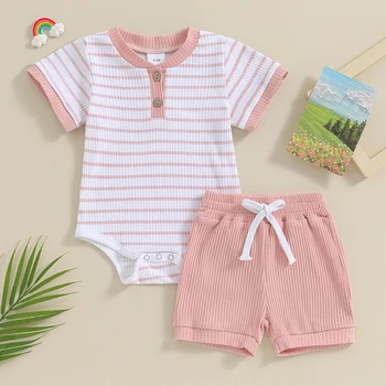 2023-11-18 Lioraitiin Newborn Baby Boy Girl Summer Clothes Striped Short Sleeve Ribbed Romper Tops Elastic Shorts Set Outfits 2