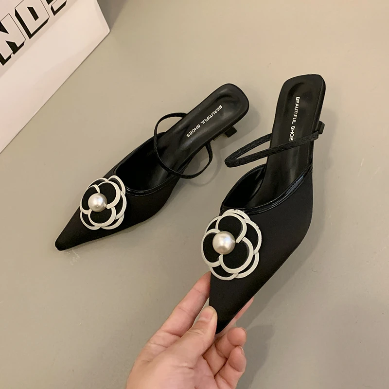 2025 Flower Pointed Toe High Heels Women Luxury Designer Sandals Female Summer Elegant Fashion Pumps Flower Mule Slippers Women 6