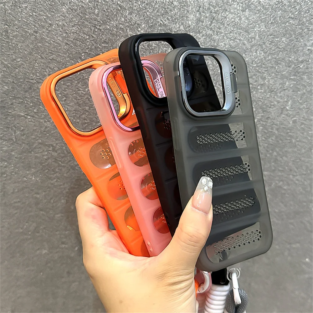 Enhanced Wrist Strap Lanyard Phone Case with Heat Dissipation and Folding Stand - Shockproof Matte Back Cover with Lens Protection