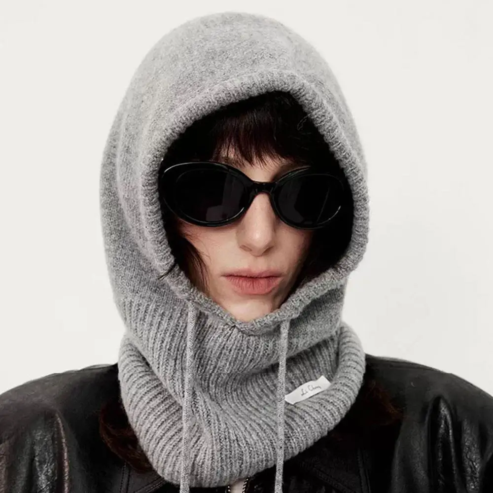 100% Australia Wool Balaclava Hat Winter Knitted Hooded Caps Outdoor Warm One-Piece Neck Collar Beanies Hats Bonnet For Women