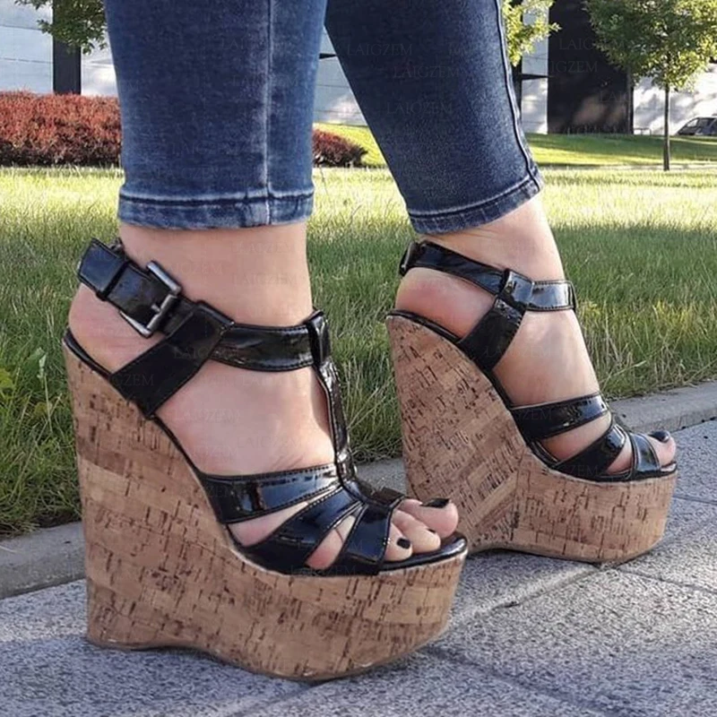BERZIMER Women Platform Wedges Sandals Ankle Strap Open Toe Pumps Shiny Summer Height Increase Shoes Woman Big Size 38 41 44 48