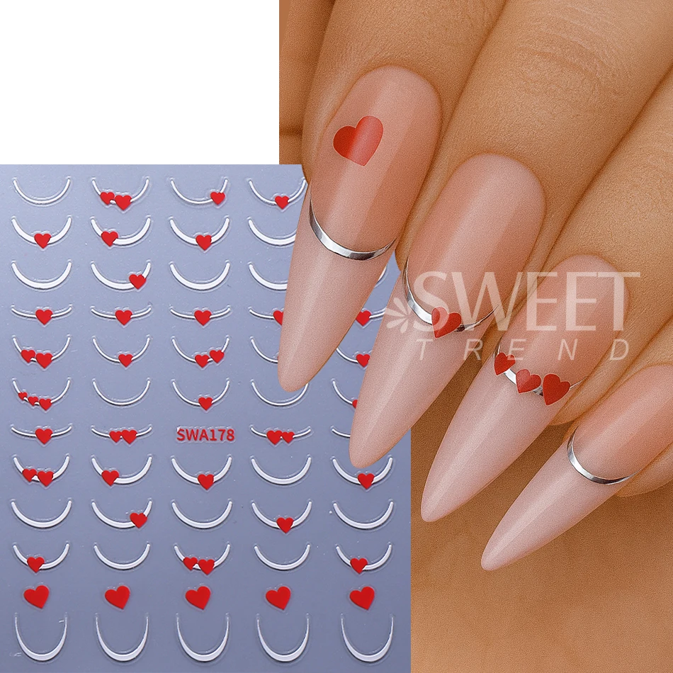 4pcs Metal French Line Nail Stickers Red Love Heart Striped Line Adhesive Slider Nail Decals DIY Valentine's Manicure Decoration