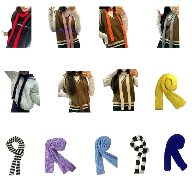 Women Skinny Scarf Thin Stripes Belt Long Tie Scarf Bag Handle Wrap Choker