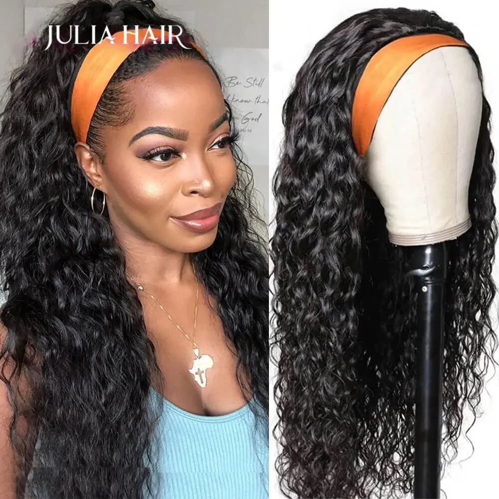 

Julia Hair Headband Wig Human Hair Headband Scarf Wig Water Wave Human Hair Wigs for Women No Glue No Sew In Beginner Friendly