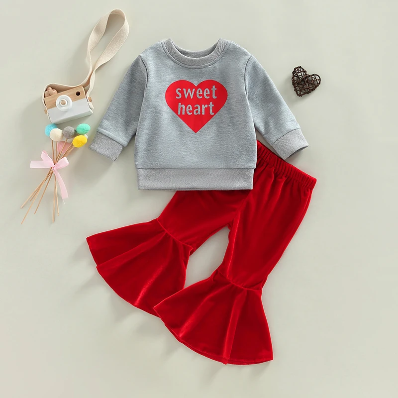 Girls' Valentine's Heart Sweatshirt & Velvet Pants 1
