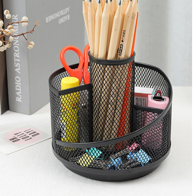 Mesh Desk Organizer, 360 Degree Rotating Multi Functional Pen Holder, 4  Compartments Desktop Stationary Organizer, Home Office Art Supply Storage  Box