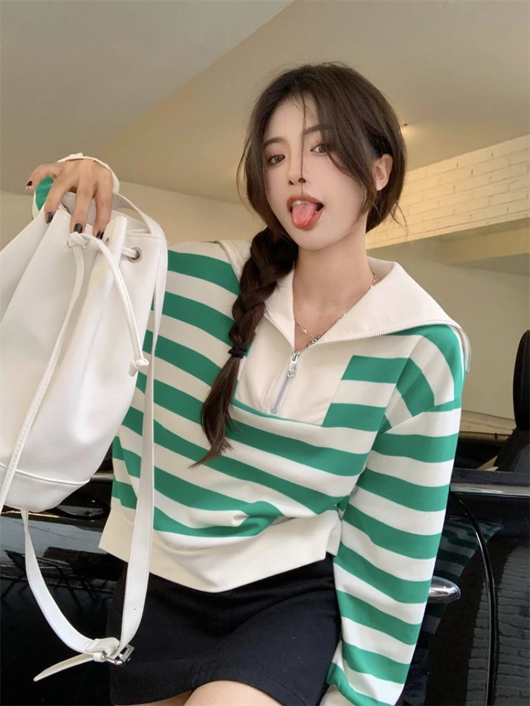 Striped Baggy Sweatshirts Women Sailor Collar Harajuku All-match