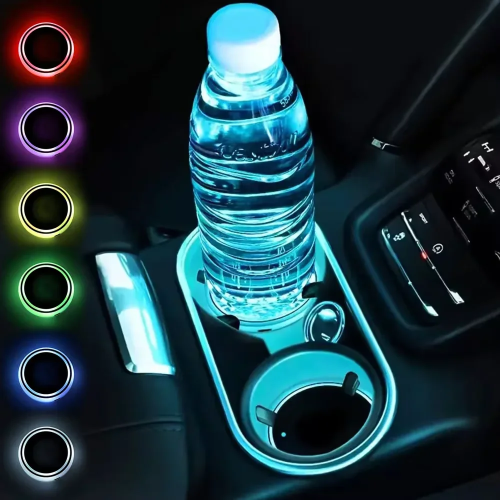 7 Color Changing LED Light Car Cup Holder Lights Decorative Ambient Lighting Coaster Pads