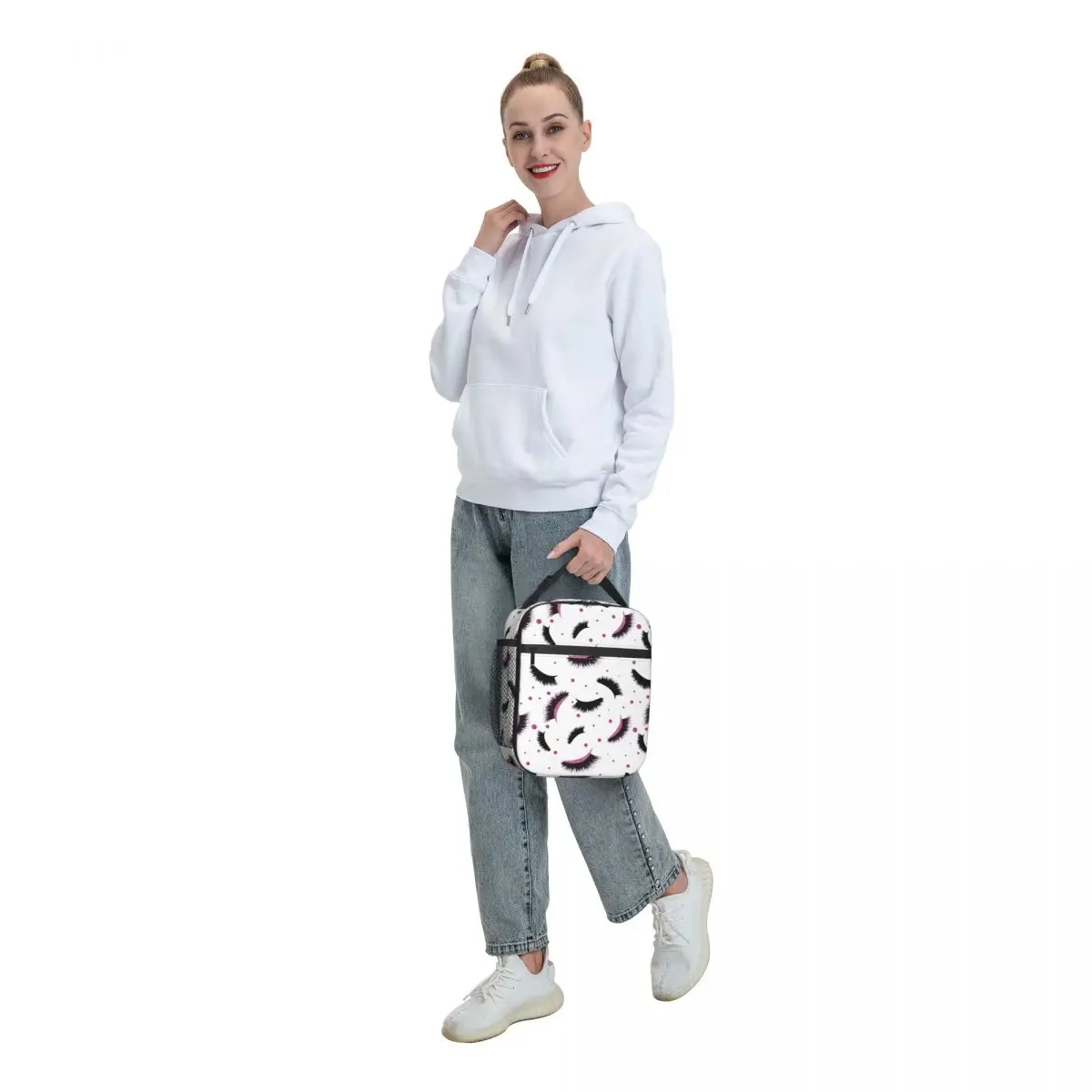 Eyelash Eye Portable Lunch Box Pink Lashes Seamless Pattern With Glitter Thermal Cooler Food Insulated Lunch Bag School Children