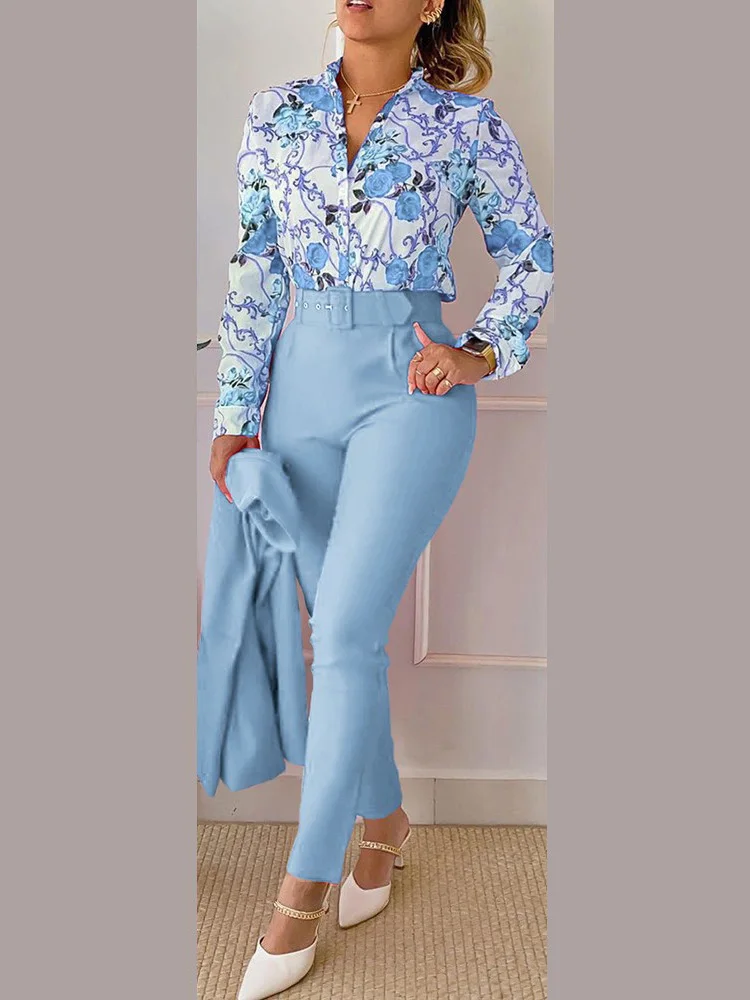 Spring Autumn Fashion Print 2 Piece Sets 2023 Women Casual Button Long Sleeve Shirt Pants Suits Female V-Neck Top Pants Outifits