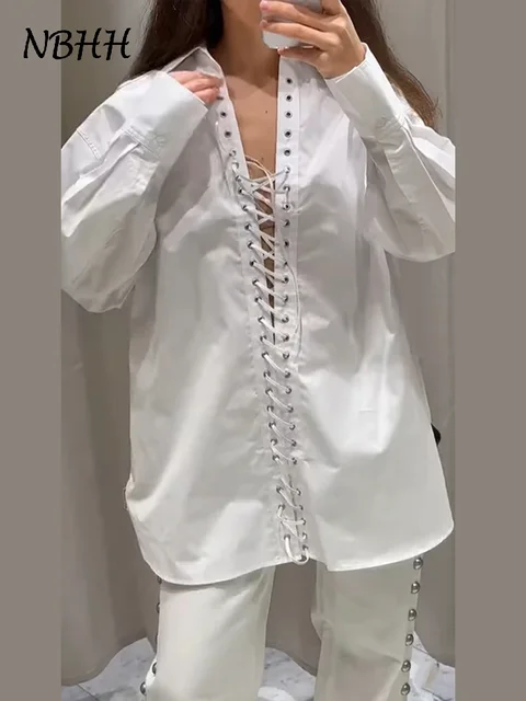 Loose Lapel Hollow Out Women's Shirt White Long Sleeve Bandage Lace Up Female Shirts 2025 Spring Summer Fashion Lady Top Street 1