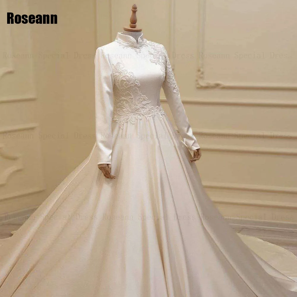 Muslim High Collar A-line Wedding Dresses Full Satin Applique Draped Pleat Floor Length Bride Dress Brush Train robe de mariée 4