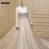 Muslim High Collar A-line Wedding Dresses Full Satin Applique Draped Pleat Floor Length Bride Dress Brush Train robe de mariée 4