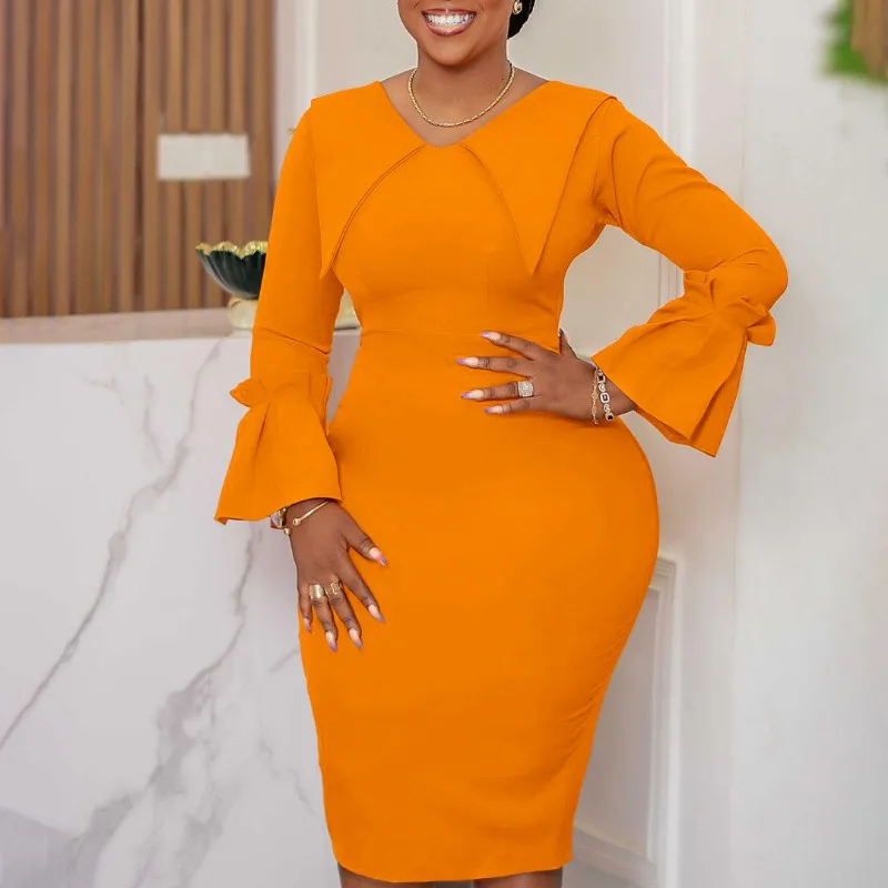 

2024 New Fashionable Women Elegant Dress Pencil Flare Sleeve V Neck Knee Length Business Office Vintage Celebrity Sheath Gowns