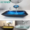 KEMAIDI Big Tempered Glass Basin Sink Washbasin Bathroom Vessel Sinks Counter Top Bowl Washroom Vessel Vanity Sink Faucet Set 1