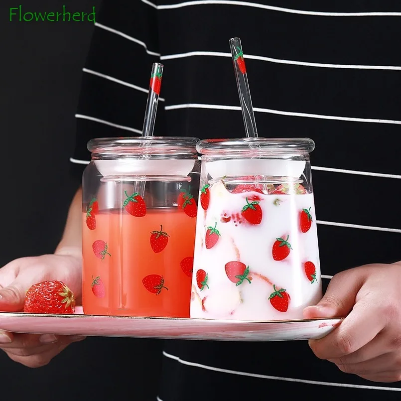 Large Capacity Water Bottle with Straw Cute Strawberry Glass Cup with Lid Heat-resistant Tumbler Cup Glass Bottle Drinkware