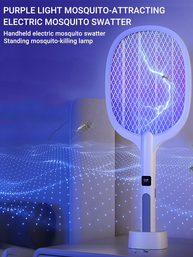 Electric Fly Swatter Handheld Fly Killer and Mosquito Trap Lamp Safe Rechargeable for Home Office Backyard Patio Camping