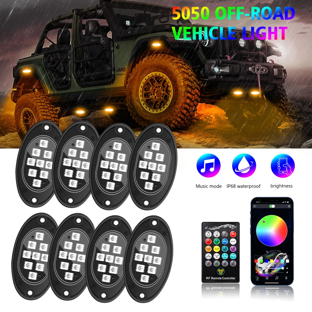 4/8X APP RGB 12V RGB Atmosphere Lights Car Chassis Undergolw Decorative Ambient Lamps LED Smart For Boat Jeep Off Road 4x4 Truck