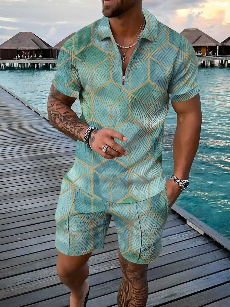 

New Men's Zipper POLO Shirt Set 3D Digital Printing Fashion Slim Fashion Men's Short-Sleeved Shorts Two-Piece Set S-5XL