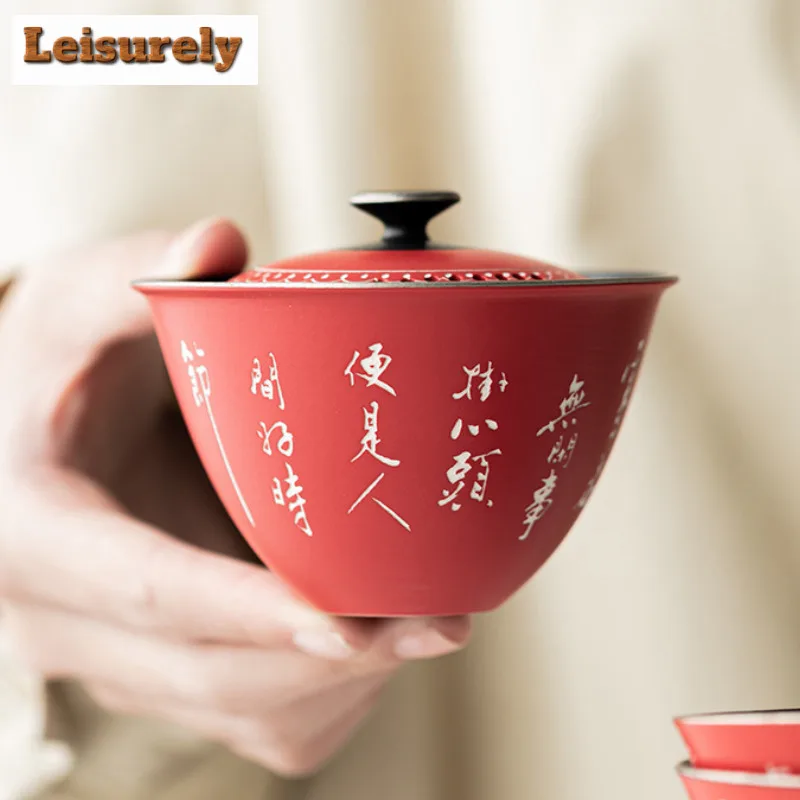 Hand-painted Poetry Red Tea Set Complete Set Vintage Gaiwan Tea Ceremony Set Household Teapot and Tea Cup Set for Tea Decoration