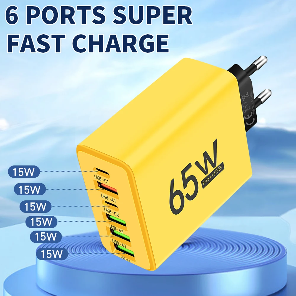 65W 6 Ports Power Charger Adapter for iPhone 15 Xiaomi 13 Samsung Huawei Tablet