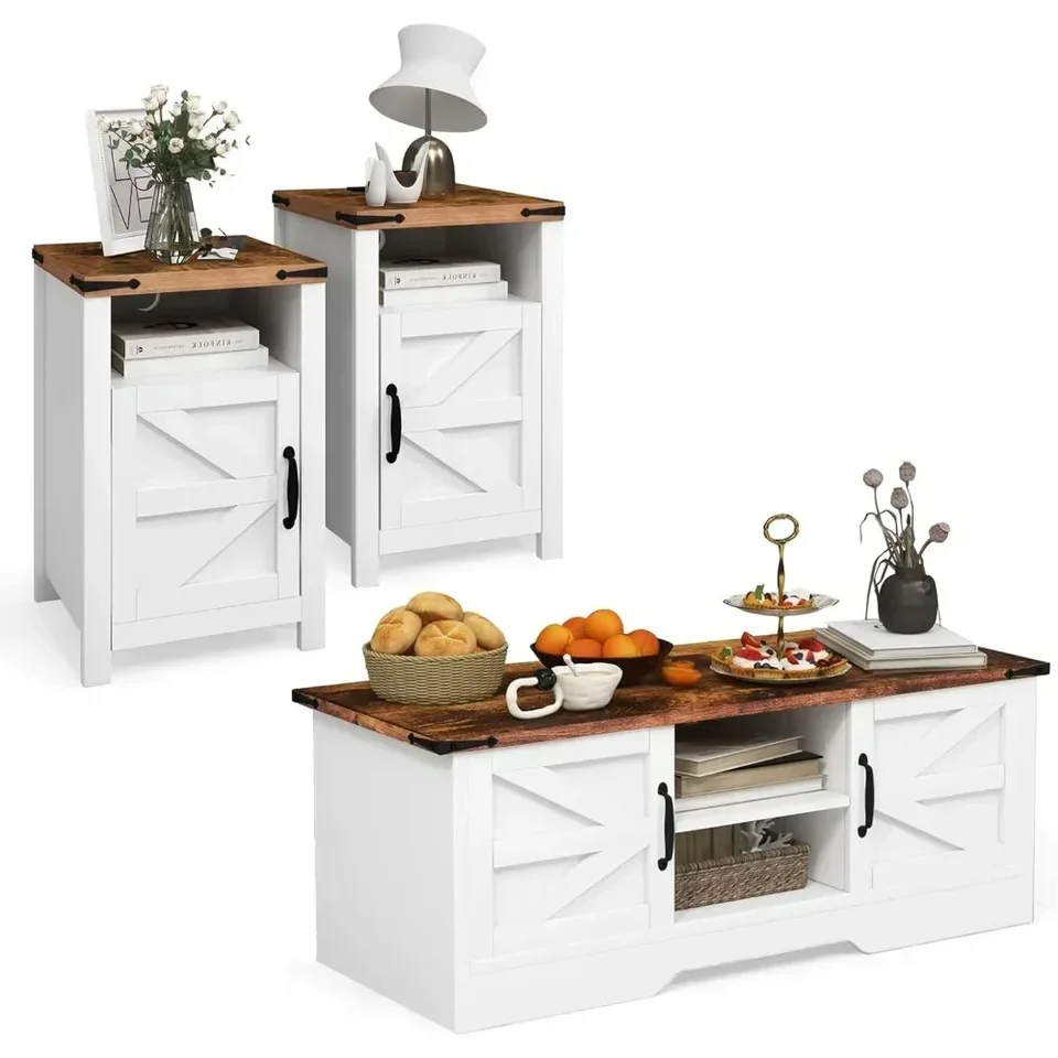 A Coffee Table 3-Piece Set, Including 2 End Tables and Large-Capacity Coffee Table, Living Room and Bedroom Retro Dining Tabl