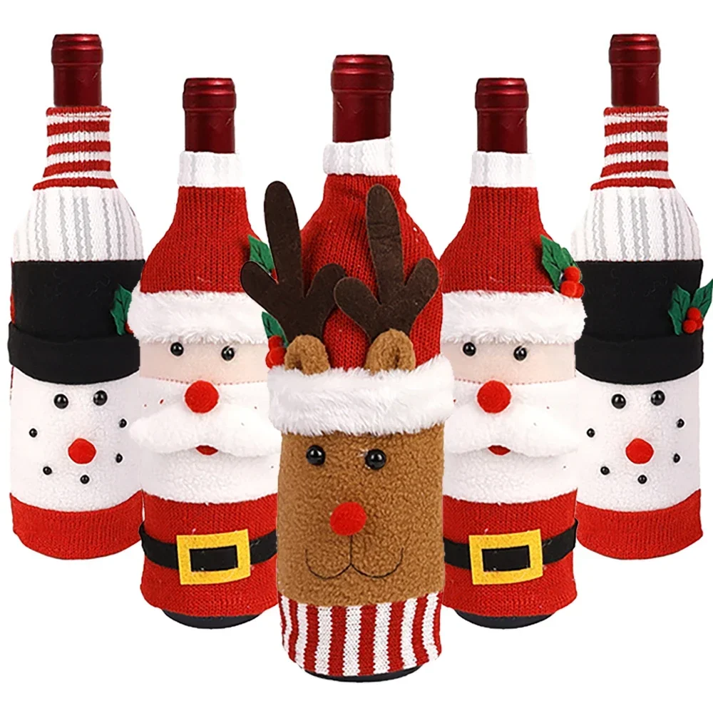 Christmas Wine Bottle Cover Set Santa Snowman Woven Wine Bottle Bags For Christmas Party Dinner Table Decorations New Year Gifts