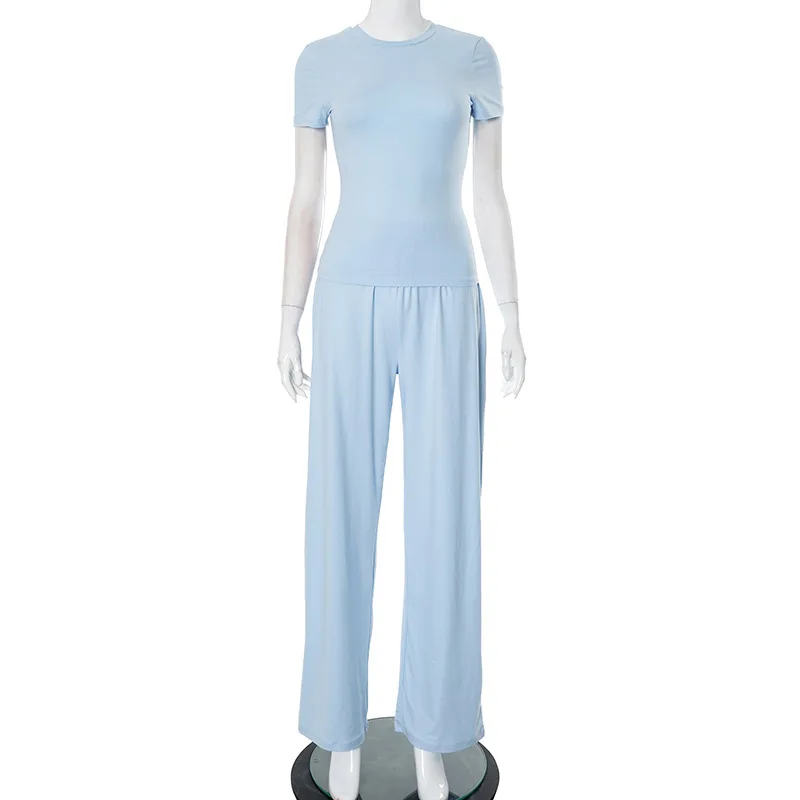 Spring and Summer Women's Trousers Set Round Neck Short-sleeved Top Elastic Waist Casual Trousers Solid Color Slim Two-piece Set