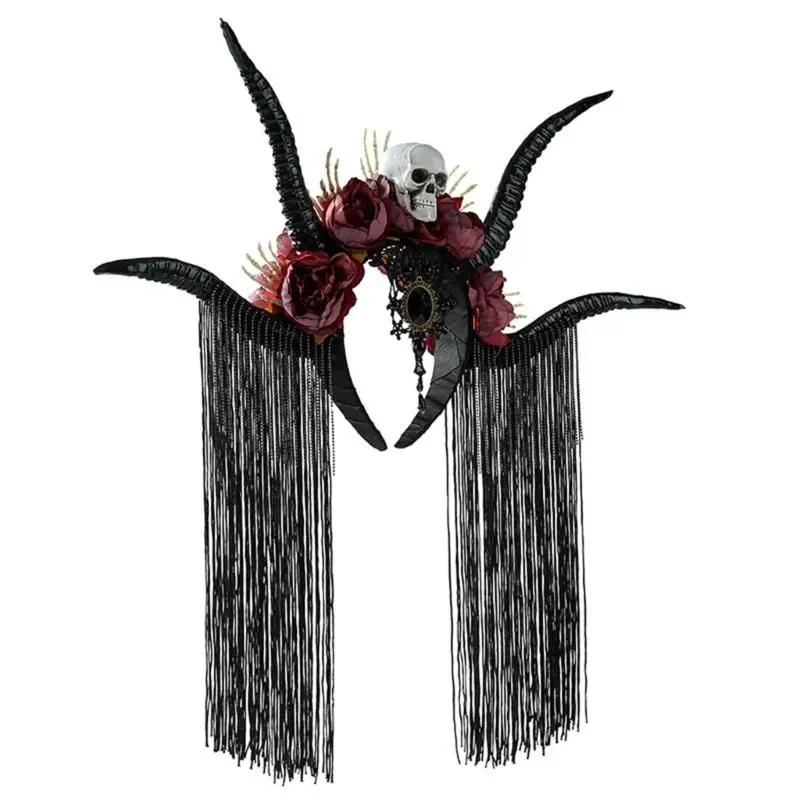 P9FE Halloween Blumenschädel Hairhoop Antilopenhorn Kopfschmuck Kostüm Haarband für Maskeradenpartys und Themenveranstaltungen – Detail 9
