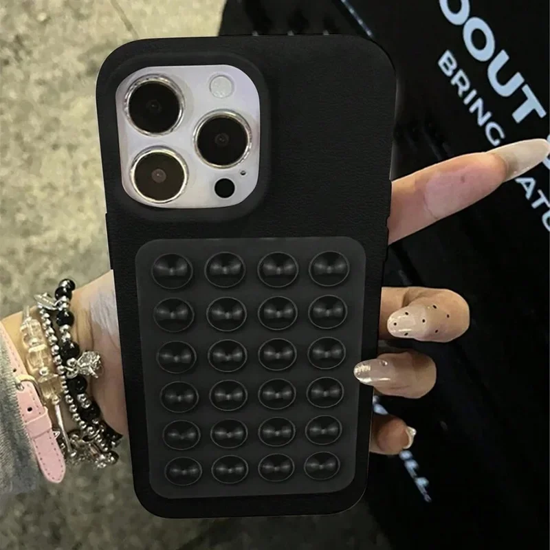 3D Litchi Pattern Shockproof Phone Case with Suction Cup Stand