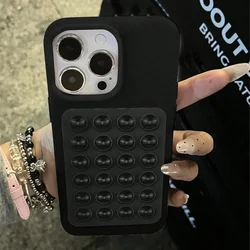 3D Litchi Pattern Shockproof Phone Case with Suction Cup Stand for iPhone 15 Plus (Black)