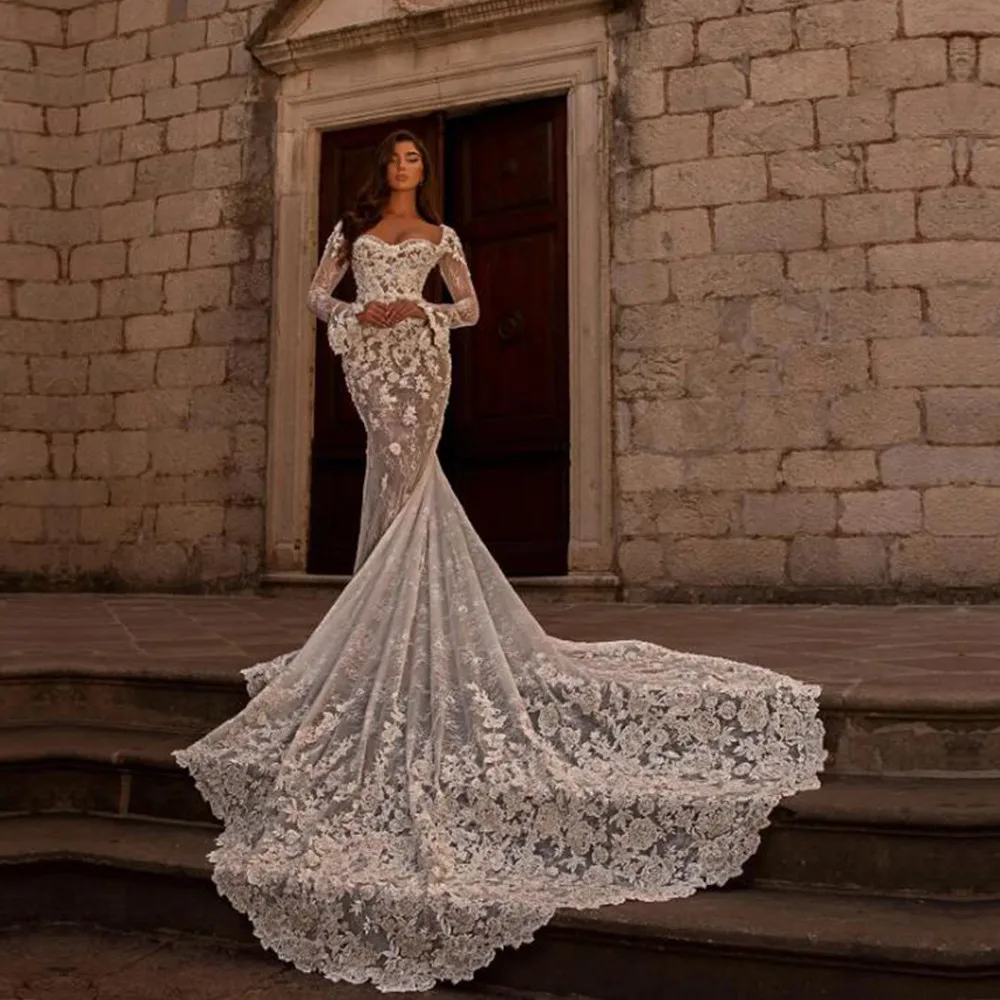 

Mermaid Long Wedding Dresses Bespoke Appliques Beads Full Sleeves Bride Marriage Formal Party Women Bridal Gowns Robe De Mariee