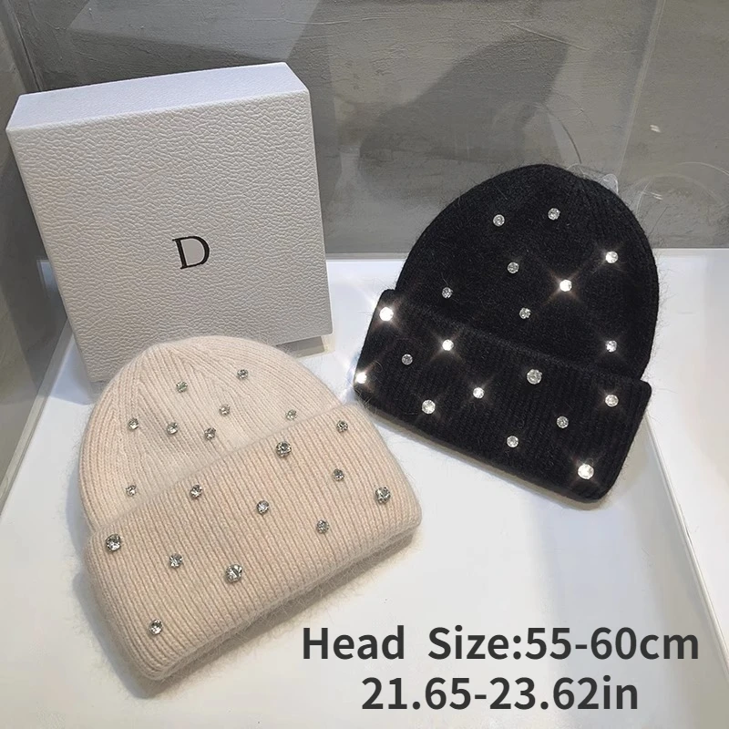 2024 Luxury Rhinestone Winter Hats for Womem Elegant Fashion Designer Angola Warm Beanies Soft  Solid Adult Cover Head Cap 4