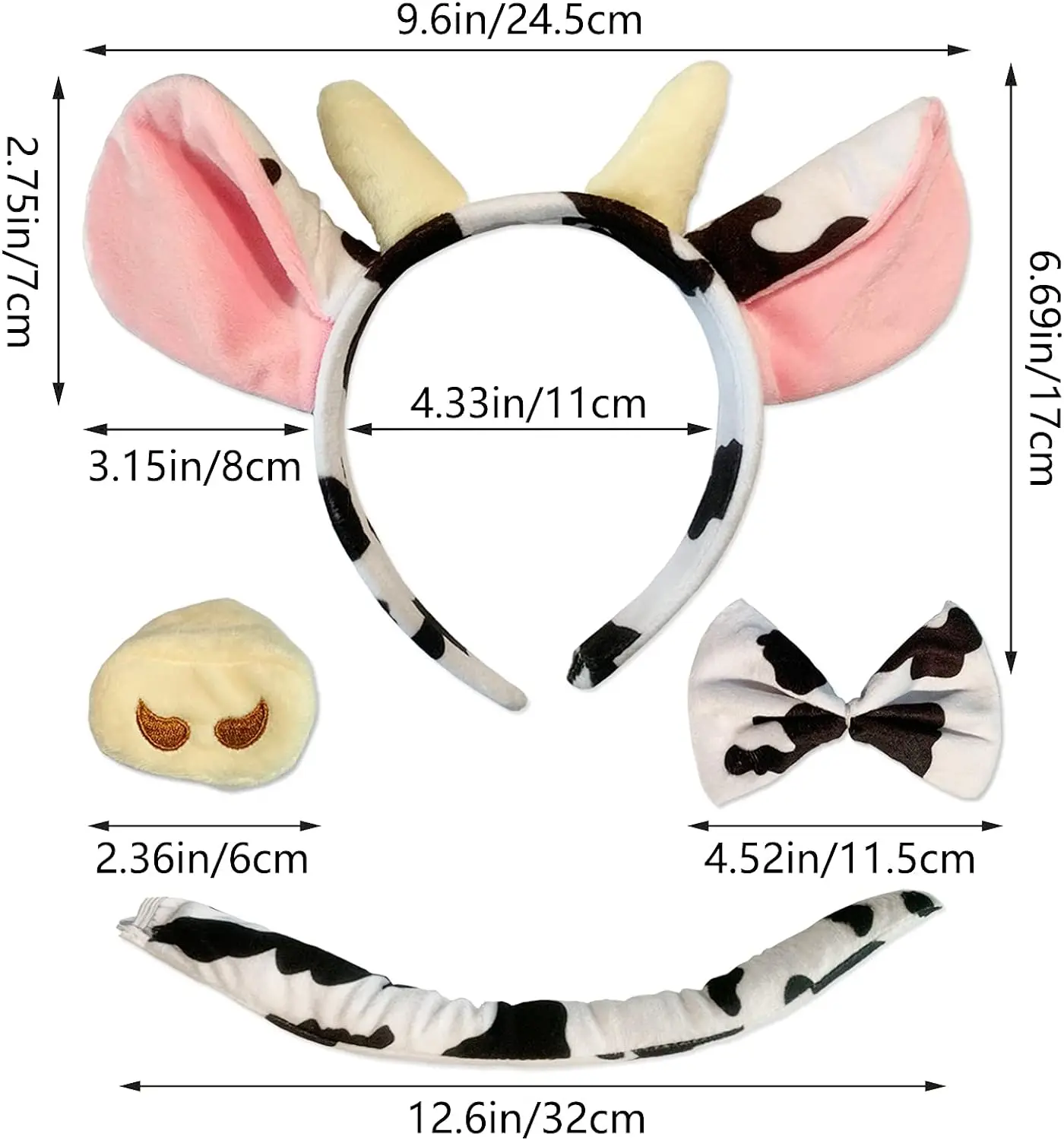PESENAR
Costume da animale Set da 4 pezzi Orecchie da mucca Fascia per capelli Naso Papillon e coda Accessori per vestire Halloween Cosplay per feste - immagine 3