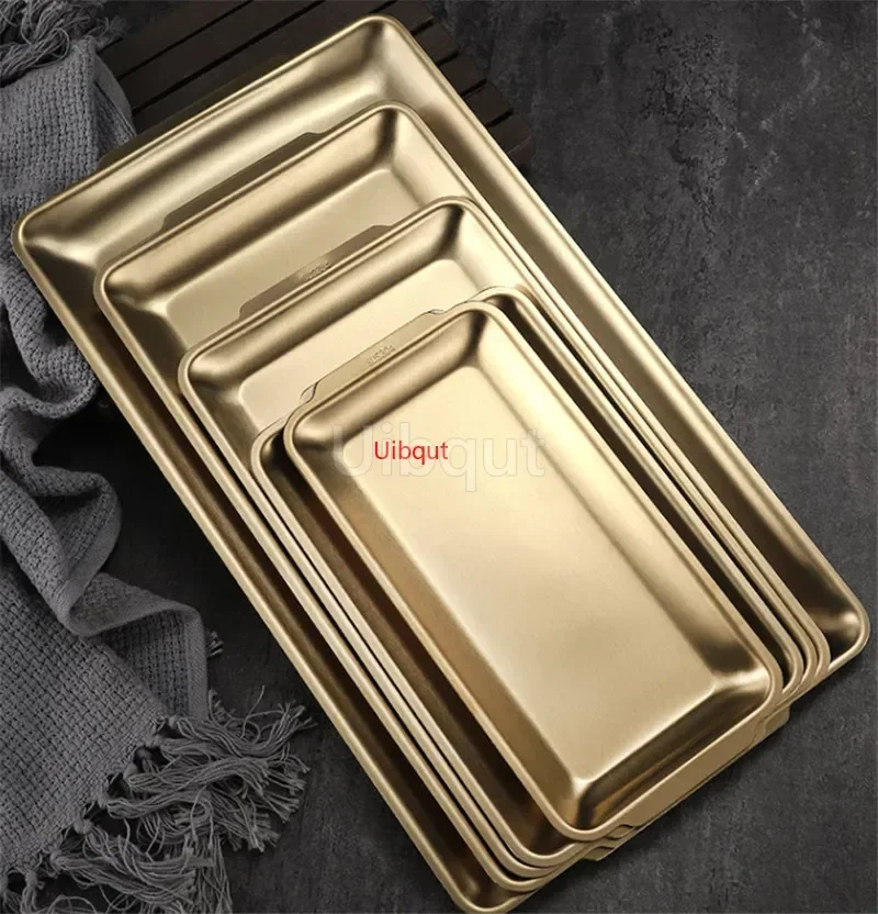 304 gold golden Stainless Steel Food Storage Trays BBQ Sushi Flat Dish Bread Pastry Baking Pan Kitchen Fruit Vegetable Plate 5