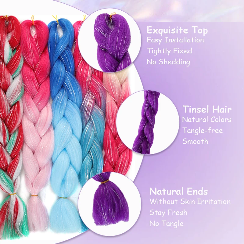 Synthetic Jumbo Braids with Tinsel Hair for Braiding Colored Shiny Hair Extensions Hairpiece for Kids&Women Christmas Party Use