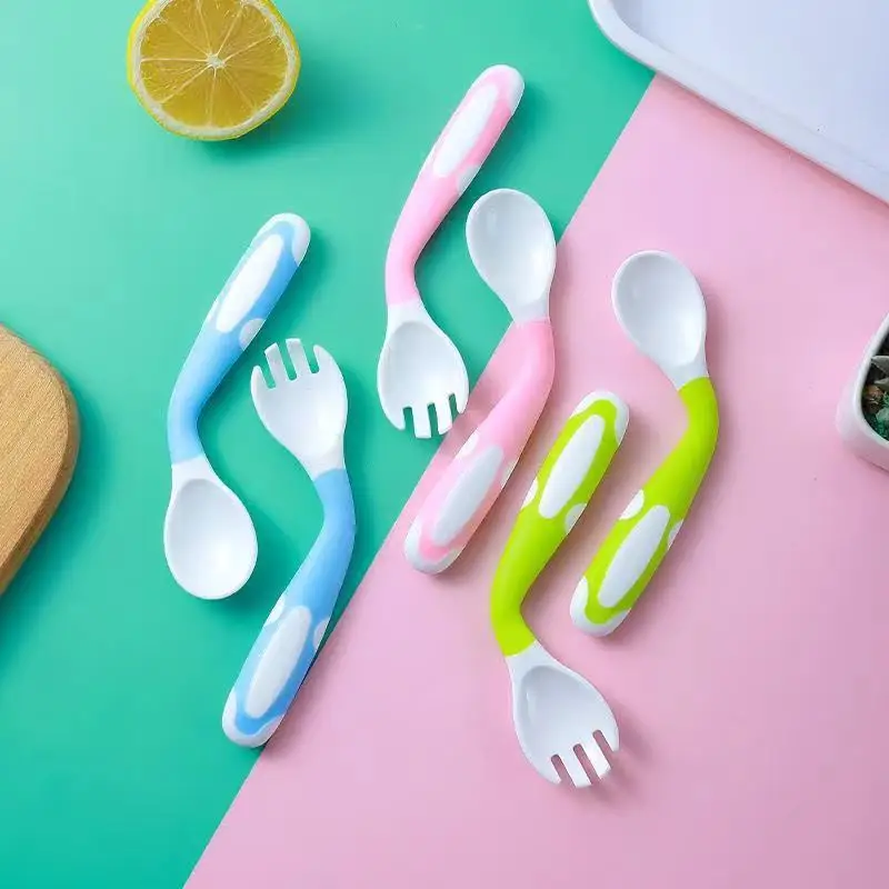 Silicone feeding spoon Silicone cutlery set Learning spoons Fork spoon set Baby cutlery BPA Free Baby Spoon Feeding Training Non-Slip Flexible Twisting Fork Spoon Tableware with Storage Box