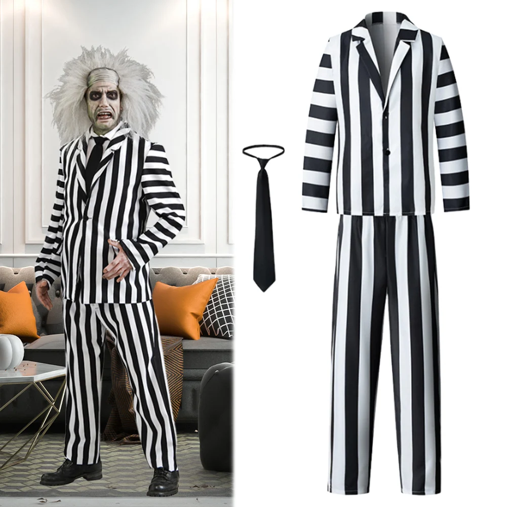Spooky Halloween Performance Costumes Men Striped Suit with Tie Scary Halloween Infernal Master Cosplay Costume For Men Adult